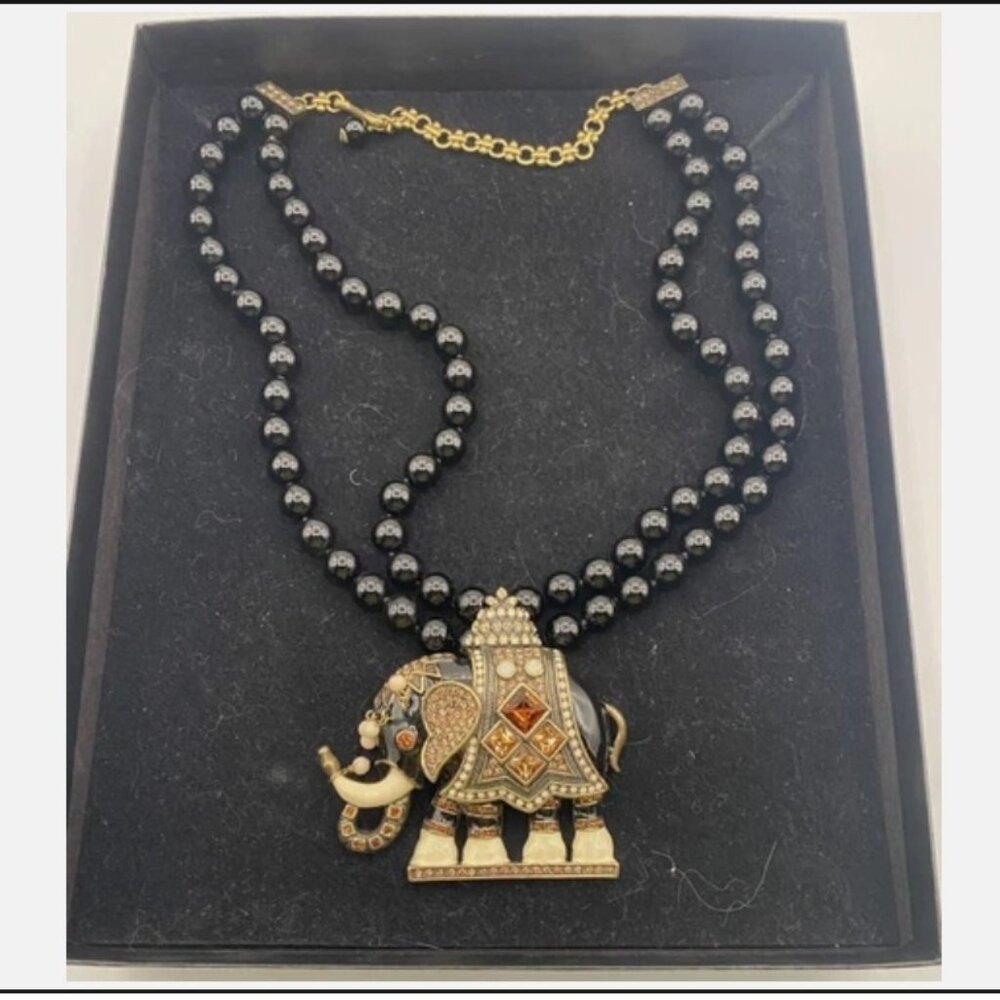 Heidi Daus signed large enamel elephant pendant beaded multi strand necklace